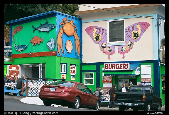 Seafood and burger restaurants. Newport, Oregon, USA (color)