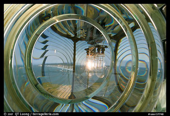 Light and Fresnel lens inside Cape Blanco Lighthouse. Oregon, USA