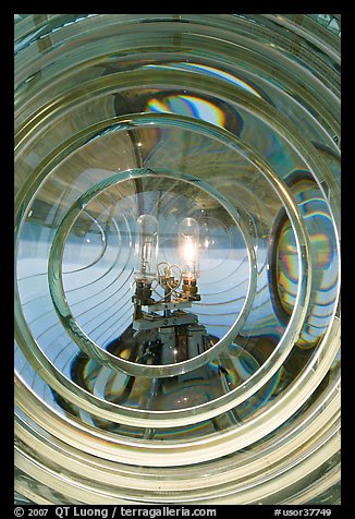 Light and lens inside Cape Blanco Lighthouse. Oregon, USA