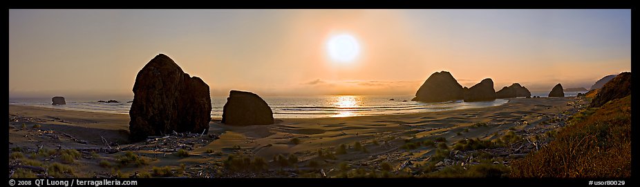 Pacific coastal scenery with setting sun, Pistol River State Park. Oregon, USA (color)