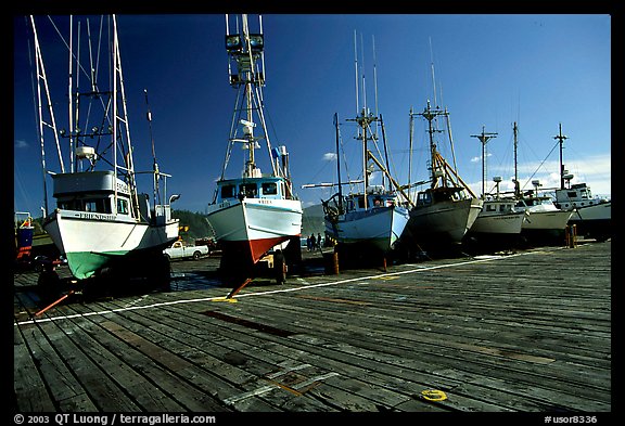 Boats on the dry deck of Port Orford. Oregon, USA (color)