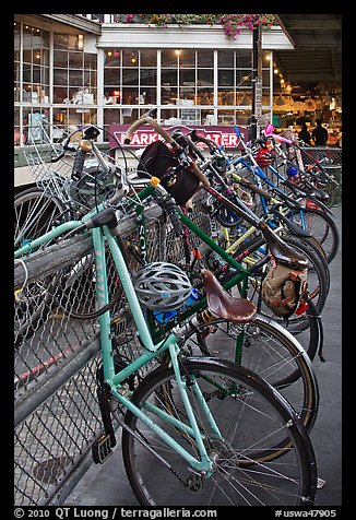 Bicycles parked outside  Pike Place Market. Seattle, Washington (color)
