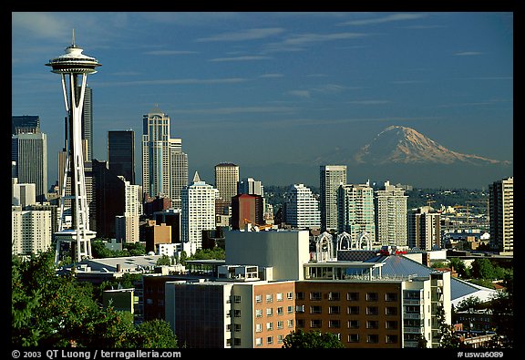 Seattle skyline with the Needle and Mt Rainier, afternoon. Seattle, Washington (color)