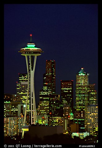 Seattle skyline at night with the Needle. Seattle, Washington