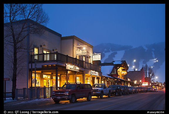 Storehouses and night-lit Snow King ski area. Jackson, Wyoming, USA