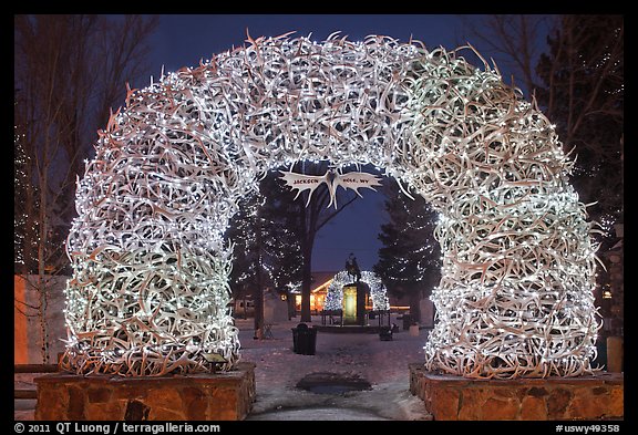 Arch of shed elk antlers at night. Jackson, Wyoming, USA