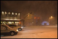 Street in snow blizzard by night. Jackson, Wyoming, USA
