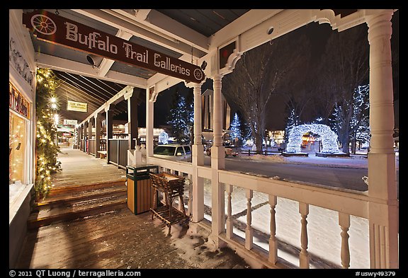 Gallery and Town Square lights, winter night. Jackson, Wyoming, USA