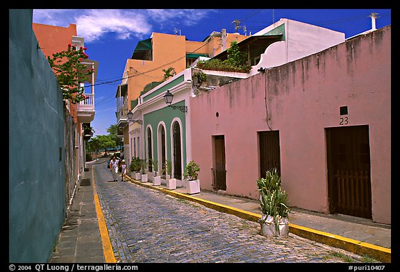 Cobblestone street and colorful houses, old town. San Juan, Puerto Rico