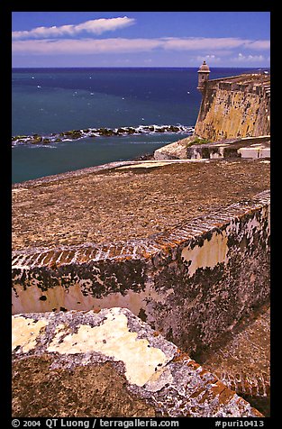 Thick defensive walls of El Morro Fortress. San Juan, Puerto Rico