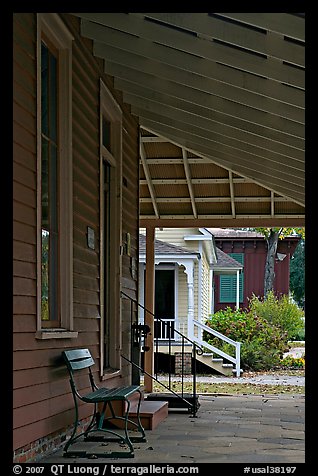 Porch, bench, and buildings in Old Alabama Town. Montgomery, Alabama, USA (color)