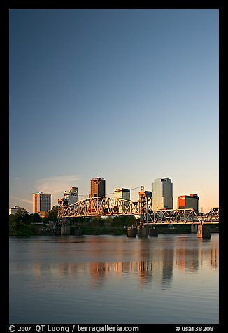 Downtown skyline and Arkansas River at sunrise. Little Rock, Arkansas, USA