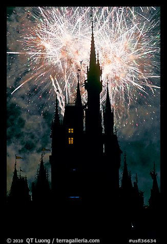 Cinderella Castle at night with fireworks in sky. Orlando, Florida, USA