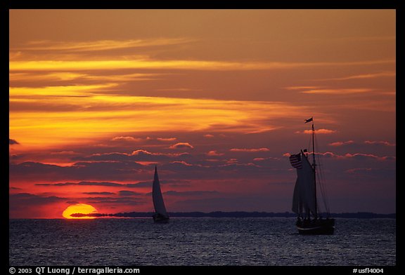 Sailboats and sun, sunset. Key West, Florida, USA (color)