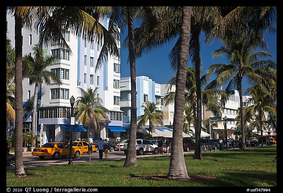 South Beach Art Deco buildings seen through palm trees, Miami Beach. Florida, USA