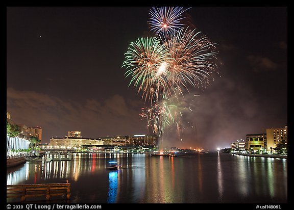 Fireworks over Davis Island, Tampa. Florida, USA (color)