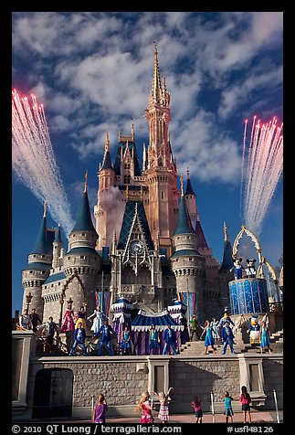 Daytime fireworks and stage show, Cindarella castle. Orlando, Florida, USA (color)