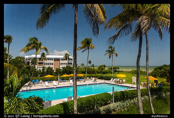 Beachside resort seen through screen, Sanibel Island. Florida, USA