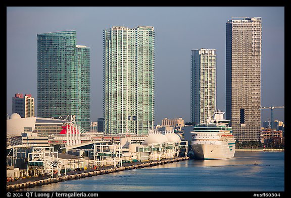 Cruise ship terminal and high rise buildings, Miami. Florida, USA (color)