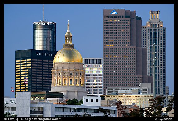 Georgia Capitol and high rise buildings, dusk. Atlanta, Georgia, USA