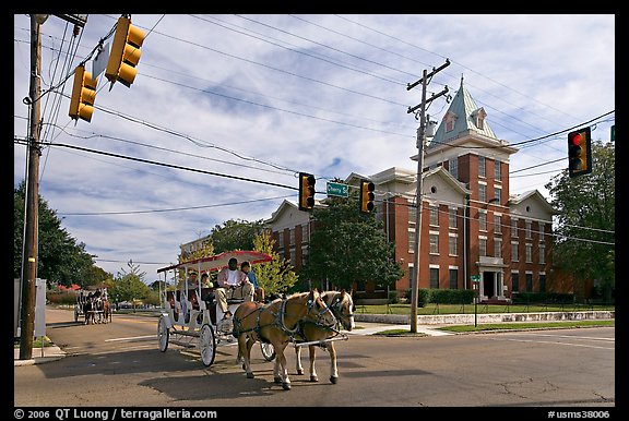 Horse carriage at street intersection. Vicksburg, Mississippi, USA (color)