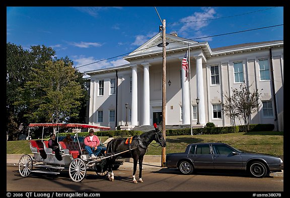 Horse carriage in front of the courthouse. Natchez, Mississippi, USA (color)
