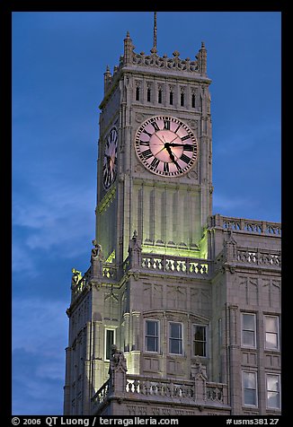 Art Deco clock tower at dusk. Jackson, Mississippi, USA (color)