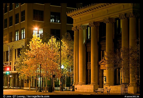 Trees in fall colors and greek revival building at night. Jackson, Mississippi, USA (color)