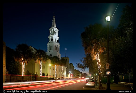 St Michael Episcopal Church and street with traffic at night. Charleston, South Carolina, USA (color)