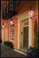 House facade with gas lamps. Charleston, South Carolina, USA
