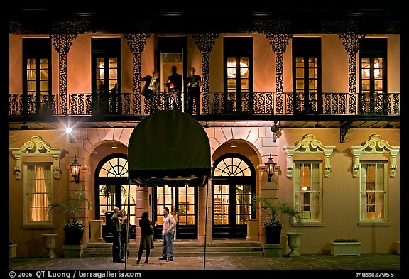 Mills house hotel facade with balconies at night. Charleston, South Carolina, USA (color)