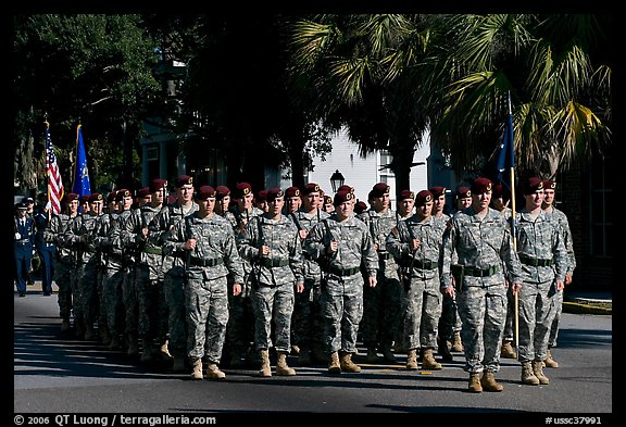 Army men marching during parade. Beaufort, South Carolina, USA