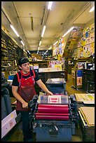 Poster being printed in ink at Hatch Show print. Nashville, Tennessee, USA (color)