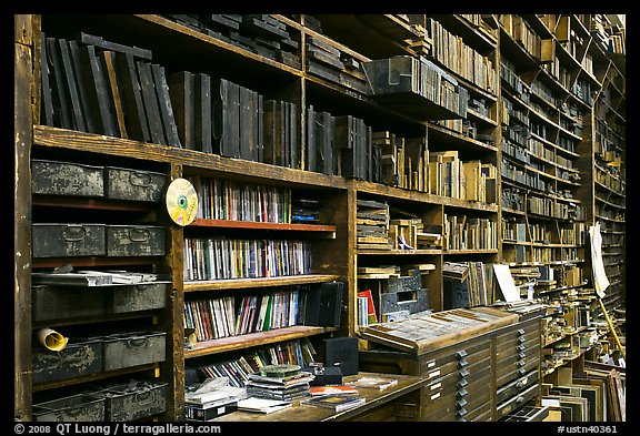 Bookshelves, Hatch Show print. Nashville, Tennessee, USA