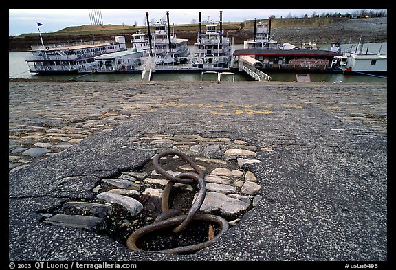 Riverfront, anchoring ring and riverboats. Memphis, Tennessee, USA