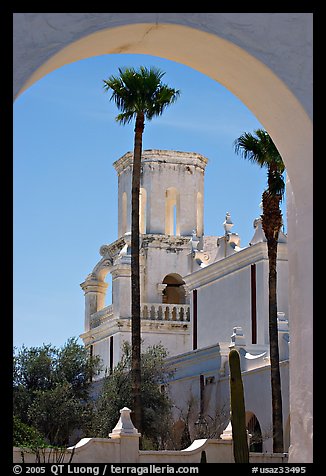 Arch and North Court, San Xavier del Bac Mission (the White Dove of the Desert). Tucson, Arizona, USA (color)