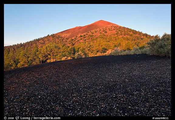 Cinder and Sunset Crater at sunrise. Sunset Crater Volcano National Monument, Arizona, USA (color)