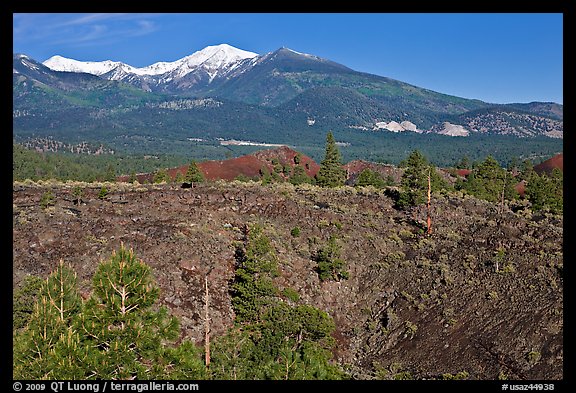 Lava fields and snow-capped San Francisco Peaks, Sunset Crater Volcano National Monument. Arizona, USA