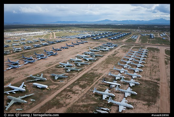 Aerial view of rows of retired military aircraft. Tucson, Arizona, USA (color)
