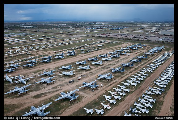 Aerial view of retired military aircraft. Tucson, Arizona, USA (color)