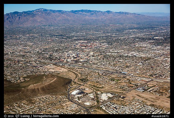 Aerial view of downtown Tucson and Rincon Mountains. Tucson, Arizona, USA (color)