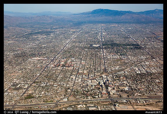 Aerial view of downtown Tucson and street grid. Tucson, Arizona, USA (color)