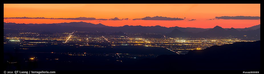 Tucson lights at sunset from Rincon Mountains. Tucson, Arizona, USA (color)