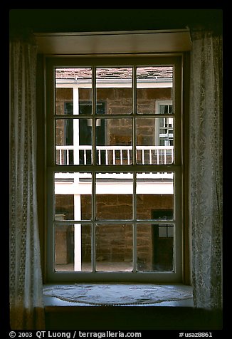 Looking out a window of Winsor Castle into the courtyard. Pipe Spring National Monument, Arizona, USA (color)