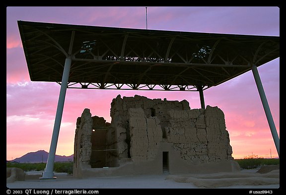 Great house at sunset, Casa Grande Ruins National Monument. Arizona, USA