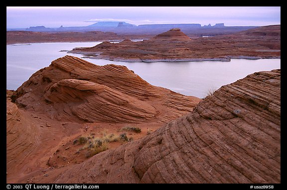 Sandstone Swirls and Lake Powell, Glenn Canyon National Recreation Area, morning. Arizona, USA (color)