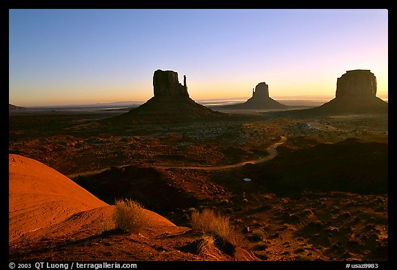Mittens, sunrise. Monument Valley Tribal Park, Navajo Nation, Arizona and Utah, USA