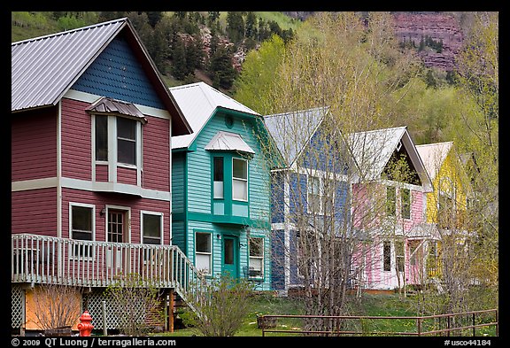 Houses with pastel colors and newly leafed trees. Telluride, Colorado, USA