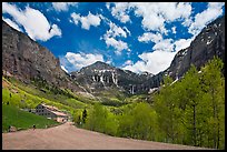 Road, aspens and Ajax peak in spring. Telluride, Colorado, USA (color)