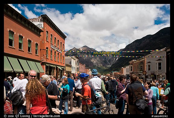 Crowds on main street during Mountain film festival. Telluride, Colorado, USA (color)